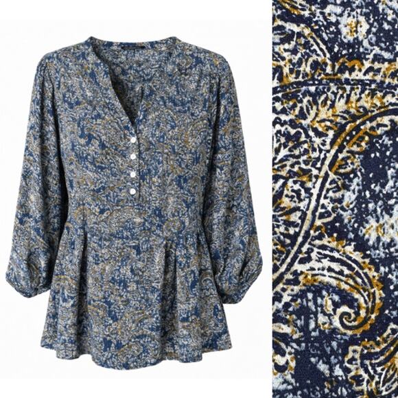 Zac & Rachel Tops - Zac and Rachel Woman Blue and Gold Paisley Blouse Roll Tab Sleeves 2X